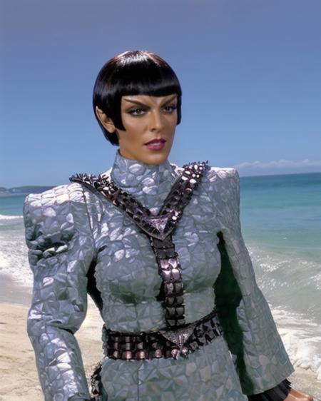 romulan, female, (rakal:1.1), marina sirtis, 27 years old, pointy ears, medium olive skin, (dark eyes:1.1), v-shaped brow ridge on forehead, short bob hair with straight bangs, slight smile, wearing red lipstick, wearing romulan uniform, wearing tal shiar double belted harness, silver clothing, at the beach, sunny day, outdoors, facing forward, front view, medium shot, <lora:romulan_lora:0.8>