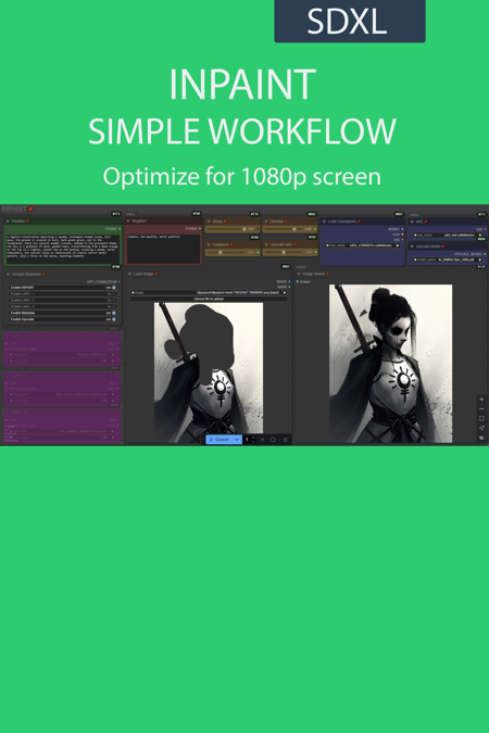 Inpainting simple workflow SDXL | UPSCALE | LORA | CIVITAI Metadata v2.0