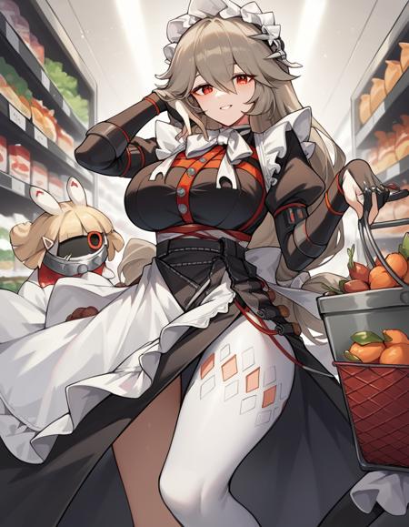 <lora:alexandrina-sebastiane-ponyxl-lora-nochekaiser:1>, alexandrina sebastiane, large breast, hair between eyes, red eyes, grey hair, long hair, low-tied long hair, very long hair maid, maid dress, maid headress, white bow, white bowtie, black dress, black gloves, partially fingerless gloves, single leg pantyhose, single thighhigh, bangboo, white apron, waist apron, long sleeves, puffy sleeves, juliet sleeves, black footwear, white pantyhose