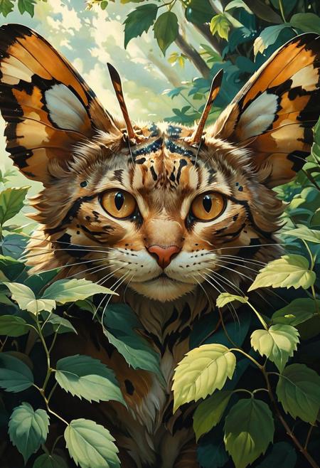 (studio ghibli drawing), (studio ghibli painting), best quality, masterpiece, extremely detailed,  an extremely delicate and beautiful painting,, dynamic, great lighting, perfect shading, professional art, professional painting, professional shading, depth of field, side soft light, elegant, wonderful, highly detailed, full shot, uncropped, pure genious, absolutely perfect,  highly detailed, breathtaking, close-up of a predatory big cat face with a pattern like a moth on its head looking through leaves. On first sight it looks like its just a moth. The beautiful eyes of the cat are incorporated in the wings of the moth pattern.