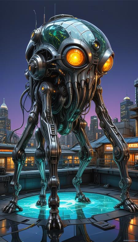 (cel-shading:2)+, (in ARTIST style:1.6), (masterpiece:1.7),Science fiction, shiny, glossy, silver color, reflections, 
clear image, accurate picture, clear picture, precise image, focused image, Science fiction style,
cthulhu on mechanical legs, science fiction, aquarium on mechanical legs focus, black colors, (neon cyberpunk city background), mecha
comic style, (ultra sharp focus:2), (thin lines:2),
(best quality:1.8),
<lora:Apparatus_-_Traction_City_Walkers_Vehicles:0.8>,
