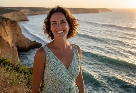 Algarve Cliffside Serenity**  
*A 35-year-old woman (sun-kissed skin, green eyes, wavy short hair) stands atop Algarve’s cliffs, wind lifting her linen dress. Her oval face, with its soft laugh lines and visible pores, glows at sunset, ocean waves below. Canon EOS R5, 70-200mm f/2.8, 8K. Style: Steve McCurry’s vivid realism.*