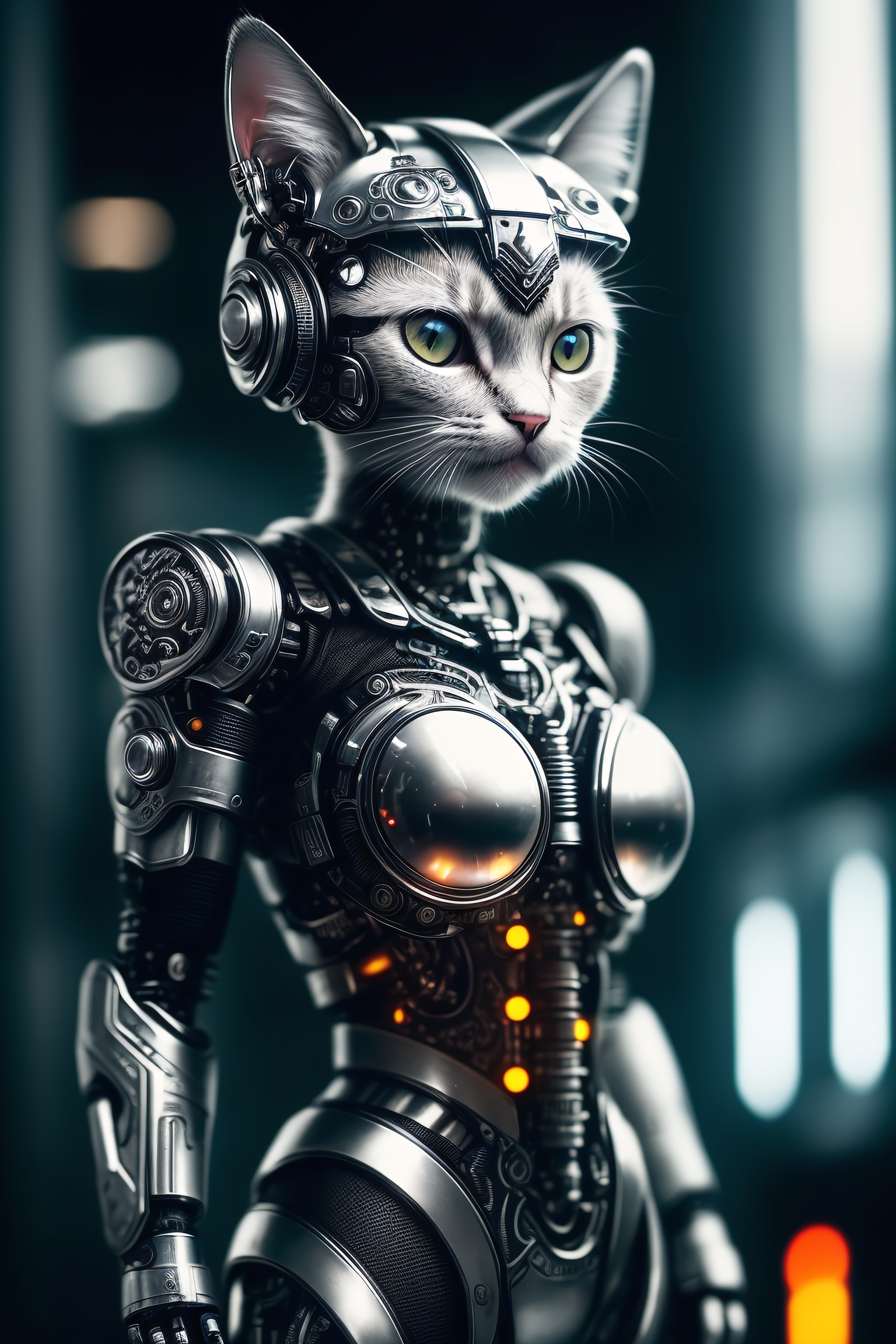 a cute kitten made out of metal, cyborg, cyberpunk style, ((intricate details)), hdr, ((intricate details, hyperdetailed))...