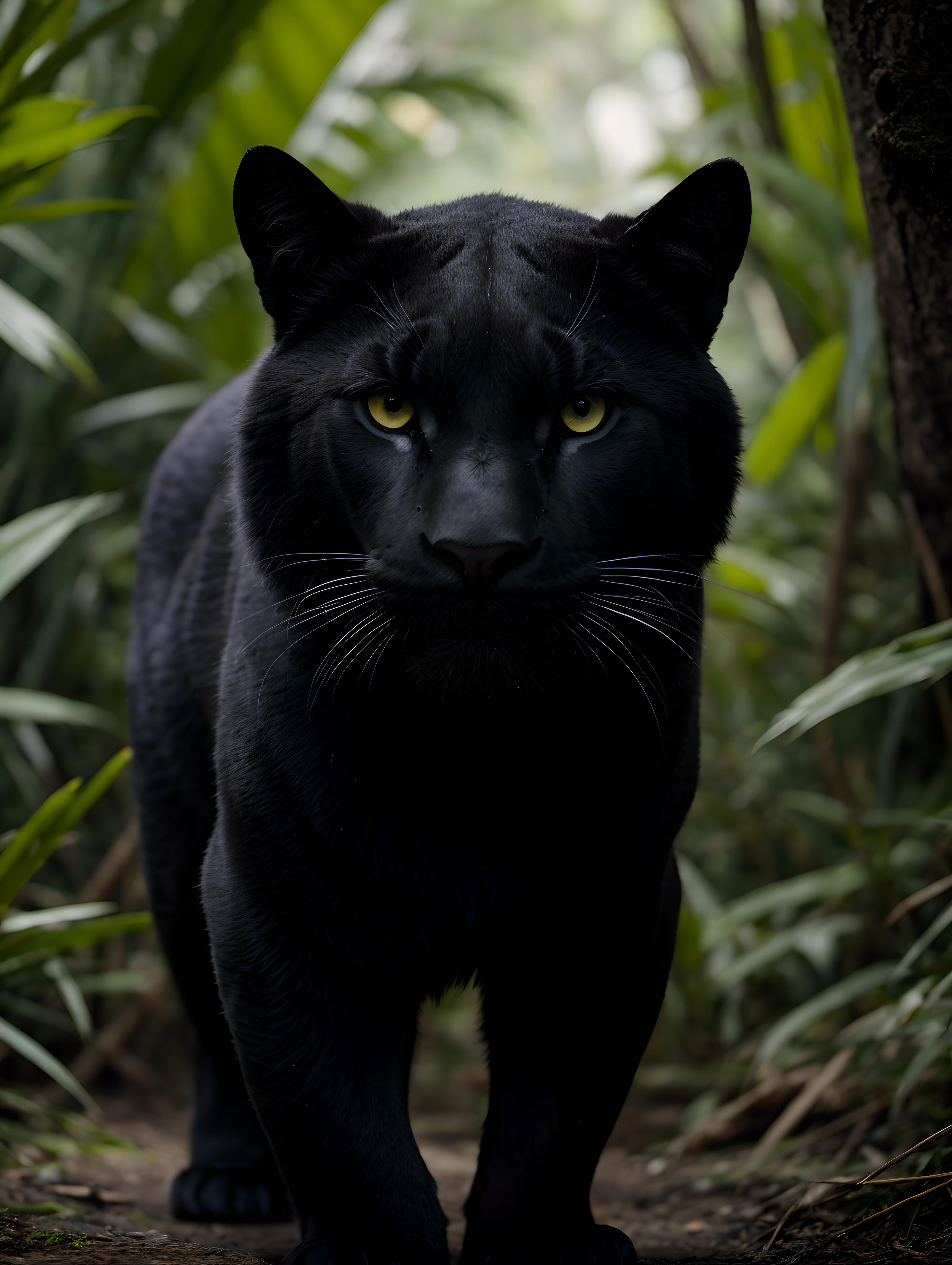 A close-up of a black panther looking at the camera in a lush green forest.