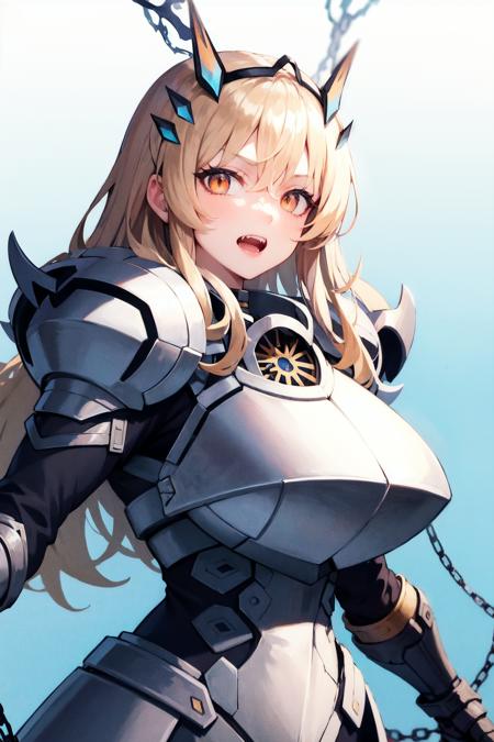 fairy knight gawain (fate), BarghestStage1, 1girl, armor, long hair, breastplate, solo, open mouth, blonde hair, shoulder armor, pauldrons, looking at viewer, bangs, chain, gauntlets, horns, faulds, fangs, teeth, breasts, large breasts, orange eyes<lora:AOMv2_hard_accent:0.5>, <lora:BarghestTEST:1>,