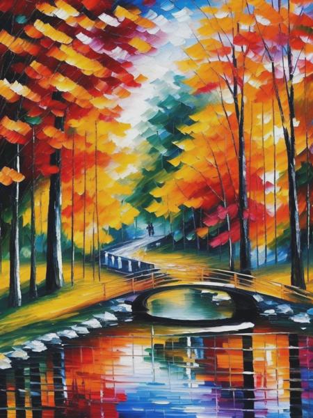 <lyco:LeonidAfremov:1.0> a colorful painting in the style of Leonid Afremov of a formal Japanese Garden with flowers and a walking path leading to a red bridge over a sun-dappled pond