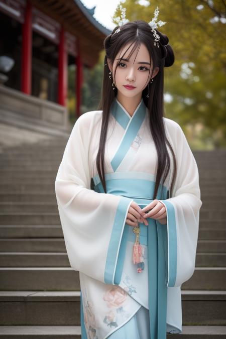 ltra-detailed,highly detailed,best quality,masterpiece,illustration,realistic,photorealistic,
1girl, solo, 
hanfu-quju, hanfu, chinese clothes, chinese traditional clothes, long sleeves, wide sleeves, sash, 
jewelry, hair ornament, hairpin, 
very long hair, hair bun, parted bangs, 
looking at viewer, cowboy shot, ceremony, 
outdoors, photo background, stairs, day, tree, 
 <lora:hanfu quju_v1_01:0.8>