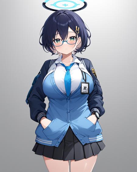 chihiro \(blue archive\),1girl, wristwatch, halo, holding_can, glasses, hand_in_pocket, solo, id_card, black_skirt, pleated_skirt, rabbit_hair_ornament, looking_at_viewer, blue_necktie, blue_cardigan, blush, long_sleeves, closed_mouth, large_breasts, white_jacket, open_jacket, blue-framed_eyewear, letterman_jacket, white_shirt
<lora:chihiro_(blue_archive)_image606_2023-11-26-000015:1>halo. gorgeous,key visual, vibrant, studio anime,award-winning, professional, highly detailed,high budget, cinemascope