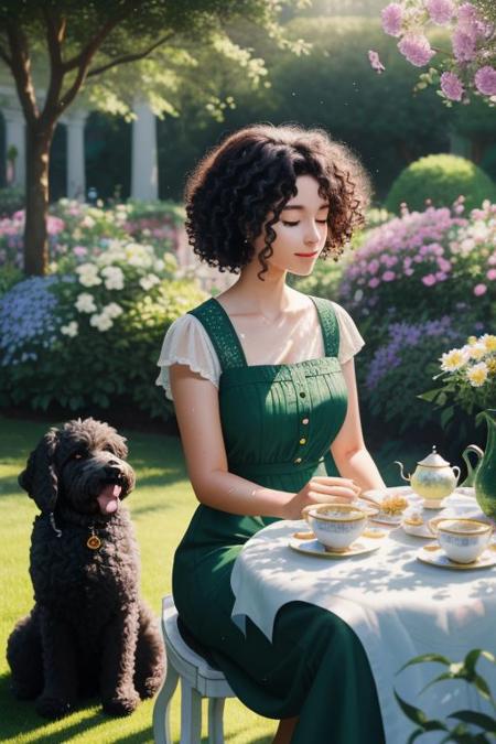 a Lady with big black curly hair at a tea party in green garden,  a dog sits beside her, beautiful flower garden,Bright sunlight, sun glare, soft colours of green and blue, using water colours, wet colours, 
(4k quality, masterpiece), best quality,