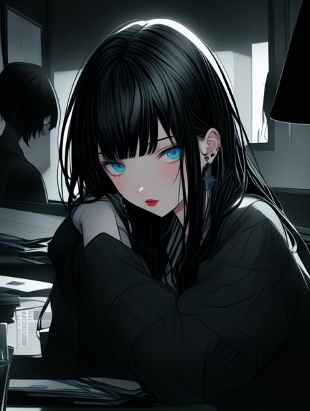 a girl wearing black fantasy clothing with black hair, beautiful blue eyes, art by Jeremy Chong, Gu art by Zheng Wei, art by Z.W Gu, artstation, semi-realistic art, fantasy art, dark and mysterious, surreal environment, detailed painting, Anime girl, anime style, digital art, anime waifu( 17 - years - old) - hot - babe - flirty, fit - thick - build, gorgeous face - perfect with perfect anime eyes - symmetric, anatomically correct, enchanting eyes, beautiful pupils, glowing eyes, beautiful eyes, pupils and iris looking at viewer, looking at viewer, stunning bright eyes, Her chiseled face boasts a high forehead, friendly looking, pronounced cheekbones, piercing eyes with long lashes, a straight narrow nose, full red lips, juicy lips, blush face, clean face, long eyelashes, high contrast, ultra detailed, cinematic lighting, highly detailed, sharp focus, photorealistic painting, Beautiful Lighting, volumetric, 8K, dramatic light, high quality, smooth light, delicate, perfect shading, global illumination, smooth light, delicate, pixiv, High quality, backlight, complex image, 8k, 4k, ( ( masterpiece) ), ( ( ( best quality) ) ), ( ( ultra - detailed) ), best quality illustration, ultra - detailed, rtx[shading( focal/ hardlight - diffused/ ambientlight) defined, best quality illustration, ultra - detailed, rtx[shading( focal/ hardlight - diffused/ ambientlight), aftereffects, highly detailed, face focus, global illumination, stable - diffusion, trending on artstation Artgerm + Tsuaii, Krenz Cushart + Ilya Kuvshinov + Rossdraws + Adam Hughes + Alfons Mucha + Greg Tocchini + Krenz Cushart + Ross Tran, Pixiv masterpiece by ufotable, by Kyoto Animation, anime produced by ufotable, anime produced by madhouse studio, anime produced by studio trigger, concept art, 1girl, jewelry, blue eyes, gloves, shirt, looking at viewer, skirt, long hair, solo, black skirt, black gloves, earrings, long sleeves, black shirt, bangs, belt, hand in pocket, jacket, fingerless gloves, open clothes, cowboy shot, black hair