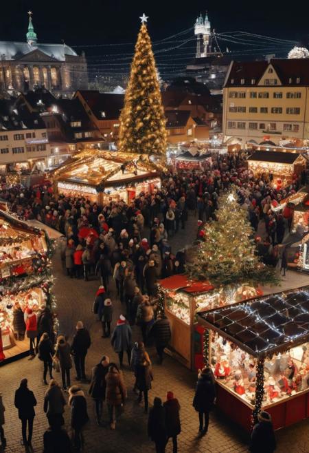 Highly detailed photo of people at a christmas market, happy mood of christmas and holy night spreads all over the galaxy, greatful, thankful, peaceful, in the mood of christmas, 4k