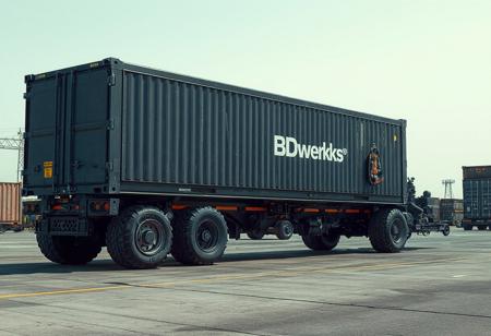 1 vehicle, 
cyberpunk   industrial trailer. large wheels. Cargo containers on wheels. 
Logo label "BDwerks®" written on the side nothing else written.