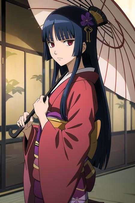 1girl, dark blue hair, blunt bangs, long hair, dark crimson eyes, imai_nobume