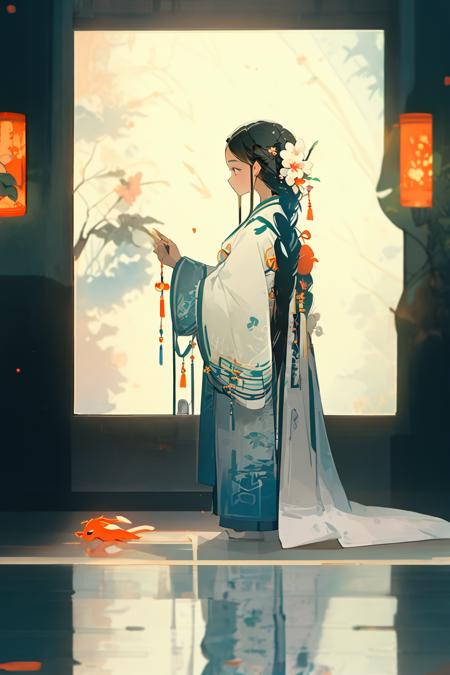 <lora:han-000005:1>1girl1girl, solo, long hair, kimono, japanese clothes, black hair, hair ornament, braid, profile, standing, flower, holding, wide sleeves, very long hair, hair flower, reflection, long sleeves, indoors, fish print, full body, water, plant, from side, animal print, braided ponytail