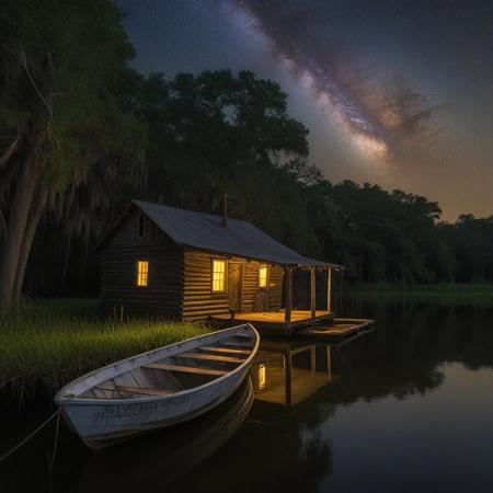 At night, a small row boat lied moored at a dock next to a brightly lit but old cabin that rests on the riverbank in the middle of the bayou