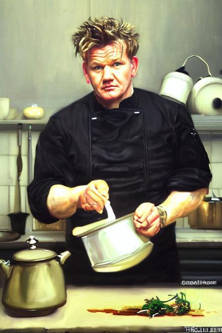 (oil painting:1.2) of (gordon ramsay:1.1) a michelin chef (cooking with a small pot :1.1) in the kitchen <lora:bouguereau-01:0.8>