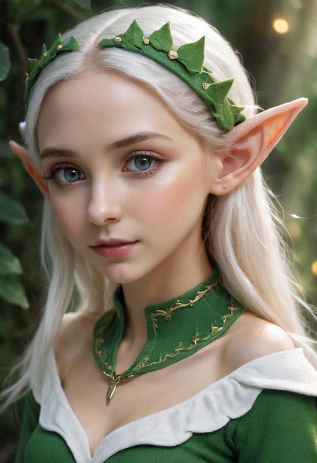 A young woman with an elven headband and green necklace poses in the woods.