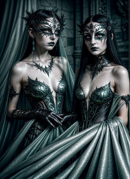A mesmerizing dark fantasy queen with piercing green eyes and flowing black hair, partially concealed by an intricate silver masquerade mask. She wears an ethereal, metallic gown adorned with organic, vine-like patterns that shimmer like liquid silver, seamlessly blending into her crystalline, ice-like cloak. The fabric appears almost alive, reflecting light in a surreal and mystical manner. Her expression is enigmatic and regal, exuding an aura of mystery and power. The background is an abstract, dreamlike fusion of ice and shadows, enhancing the otherworldly elegance of her presence. The lighting is soft yet dramatic, casting a glow that accentuates the textures of her attire. A perfect blend of Gothic fantasy and high-fashion aesthetics.
