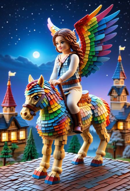 mad-shingles, Masterpiece, ultra-detailed, best quality, highres, absurdes, amazing quality, 8K, absolutely eye-catching, rainbow colors, stuffed animals, lego, city,  lights, night, stars, fantasy, girl riding a pegasus, seiza