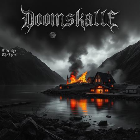 Black metal album cover titled DOOMSKALLE featuring a burning small village by a fjord norway