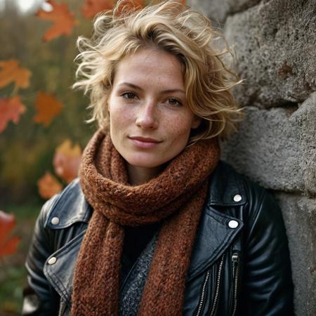 Stunning 35mm photo of a 42 years old Dutch woman, ((fluffy sweater)), ((long leather jacket)), ((scarf)), ((beany)), very pretty, fit, skinny, highly detailed face, highly detailed skin, freckles, many freckles on arms and tits, freckles and moles all over body, natural breasts, perfect breasts, hard nipples, Rounded ass, blonde hair, pubic hair, short hair, messy hair, medium hair, brown eyes, highly detailed skin, highly detailed face, in love, happy, detailed pupils, leaning against a tumbledown wall, autumn, clearly in love with viewer, foggy light, perfect light, soft natural light, Rembrandt style light, made with a Hasselblad camera, 35mm, film grain, masterpiece, sharp focus, shot on Kodak, lens flare, cinematic, (ultra high res: 1.2), (photo-realistic: 1.3) (skin pores: 1.1)