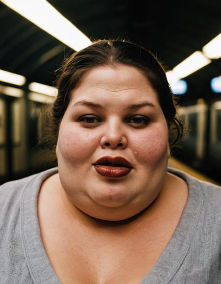 lewd, slutty, photograph, portrait, close up of a morbidly obese Sasi, Face Mask, inside of a Graceful Train station, Amusing, Cold Lighting, designed by Elsie Driggs, funny, photo, organic, dramatic, dynamic cinematic color, excellent composition, detailed, atmosphere, enchanted