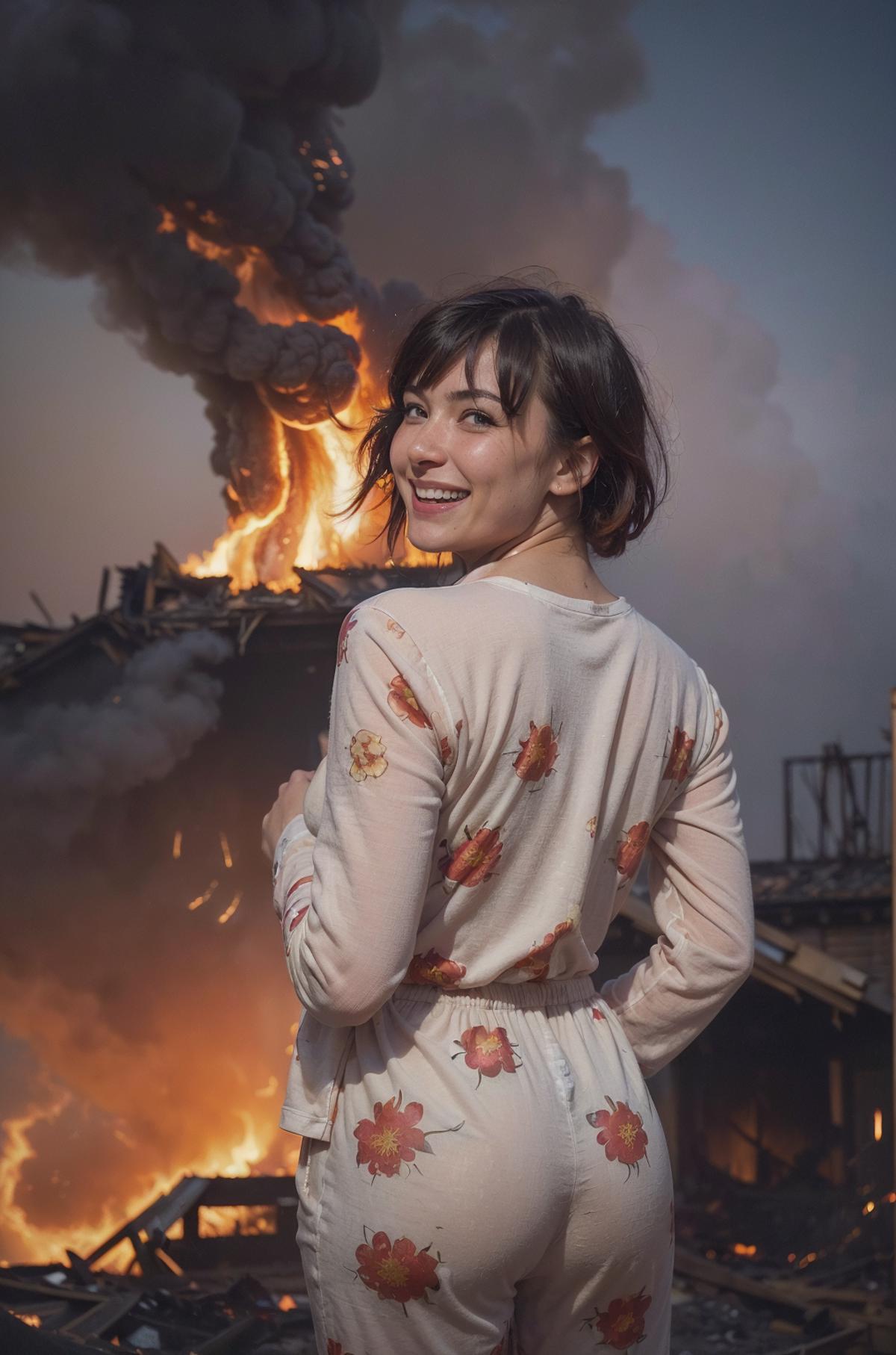 A woman with a flower dress standing in front of a burning building.
