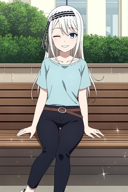 ((best quality)),((highly detailed)),masterpiece,absurdres,detailed face,beautiful face,(detailed eyes, deep eyes),(1girl),((dynamic pose)),<lora:Kei_V1.4:0.7>Kei, 1girl, solo, long hair, one eye closed, blue eye, pants, shirt, belt, white hair, green shirt, holding, sandals, hairband, sparkle, smile, bush, outdoors, short sleeves, black pants smile with teeth