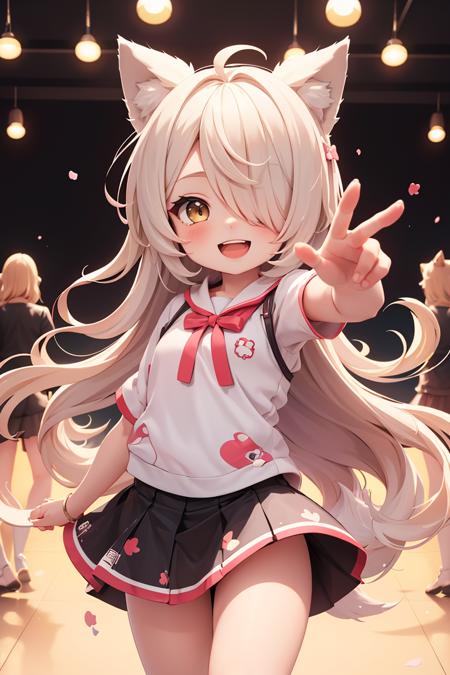 masterpiece,best quality,absurdres,1girl,chibi,wolf ears,yellow long hair,hair over one eye,smile,open mouth,stylish pose,theater dance scene,<lora:GoodHands-vanilla:1>,