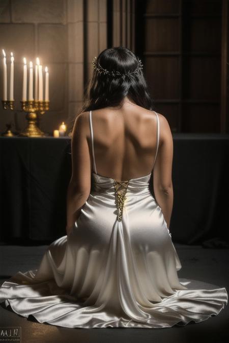RAW photo, 8k uhd, dslr, high quality, ultra-realistic, realistic, realism, film grain, Fujifilm XT3.
View from behind, dark gothic-room lit by candles, sacrificing alter, golden chalice, blood spilling out.
1woman wearing a (satin white dress), voluptuous body, kneeling, worshiping