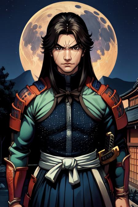 Samanosuke,black eyes, brown eyes, long hair, 
 serious,  sleeveless,  biceps,  vest,  zipper, 
standing,solo,  upper body,  cowboy shot,   sword, 
Japanese building, nighttime,moon,Sengoku period, 
(insanely detailed, beautiful detailed face, masterpiece, best quality) 
 <lora:Samanosuke:0.8>