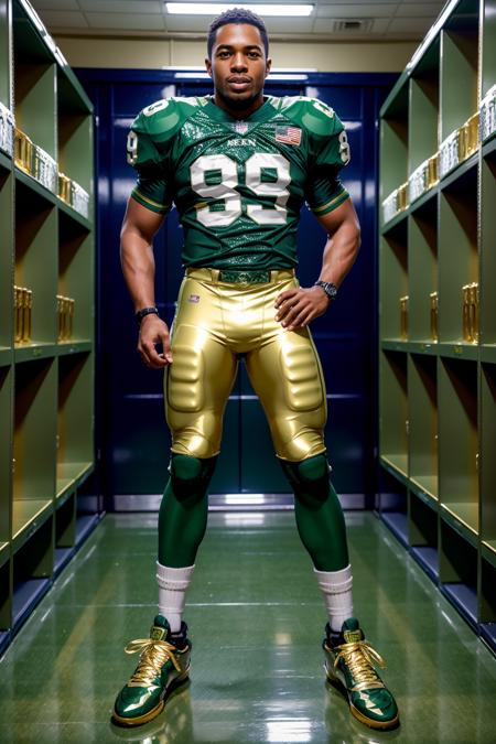 in an American football locker room, standing in front of lockers, SeanXavier, American football player wearing American football uniform, American football shoulder pads, ((green jersey)), jersey number 89, (pale gold football pants and pads), green socks, black sneakers, smiling, masterpiece, (((full body portrait))), full body shot, wide angle  <lora:SeanXavier-000005:0.8>