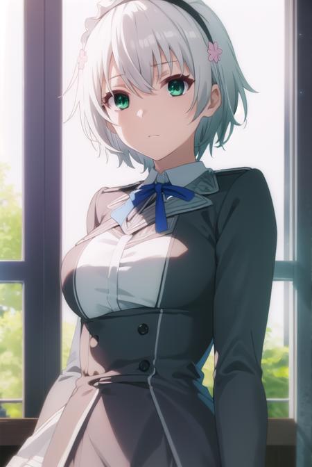 shizukukurogane, <lora:shizuku kurogane s1-lora-nochekaiser:1>,
shizuku kurogane, short hair, hair ornament, (green eyes:1.3), flower, white hair, hairband, hair flower,
BREAK skirt, long sleeves, school uniform, juliet sleeves,
BREAK indoors, classroom,
BREAK looking at viewer, (cowboy shot:1.5),
BREAK <lyco:GoodHands-beta2:1>, (masterpiece:1.2), best quality, high resolution, unity 8k wallpaper, (illustration:0.8), (beautiful detailed eyes:1.6), extremely detailed face, perfect lighting, extremely detailed CG, (perfect hands, perfect anatomy),