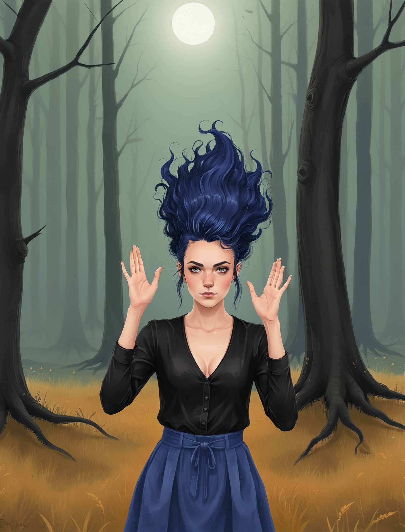 modern illustration of a (brotherhoods:1.4) melancholic excited young woman summoner with indigo hair, witch's woodland<lo...