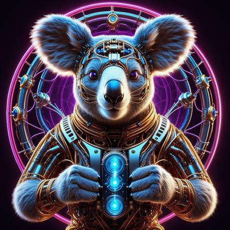 neonpunk style  <lora:Qu4ntumPunk_04XL:1> qu4ntum, style, a surreal rendition of a mechanical koala, cyborg koala with cybernetic implants, cybernetic eyes, cybernetic limbs,  on a mechanical eucalyptus tree space station mothership floating in outer space with radiant and vibrant colors ranging from purple to blue,  geometrical fractalized lighting patterns, fractals composition of Divine ascendency, holy sanctity of Koalas Divinehood fur, expressing joy and laugher,  complex reflections, mathematical iterations in a holographic matrix, bent o space,disruption of the space continum, doctor brown's accelation theory in execution, diddy didn't like it,  cinematic lighting, soft shadow, cosmic waves, spectral atmosphere . cyberpunk, vaporwave, neon, vibes, vibrant, stunningly beautiful, crisp, detailed, sleek, ultramodern, magenta highlights, dark purple shadows, high contrast, cinematic, ultra detailed, intricate, professional