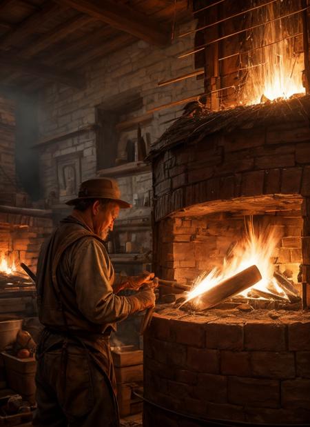 HDR, 8K resolution, intricate detail, sophisticated detail, photorealistic, sharp focus, wide shot of village blacksmith, roaring furnace, clanging hammers, sparks flying, sturdy weapons, <lora:add_detail:0.85>, <lora:GoodHands-vanilla:1>