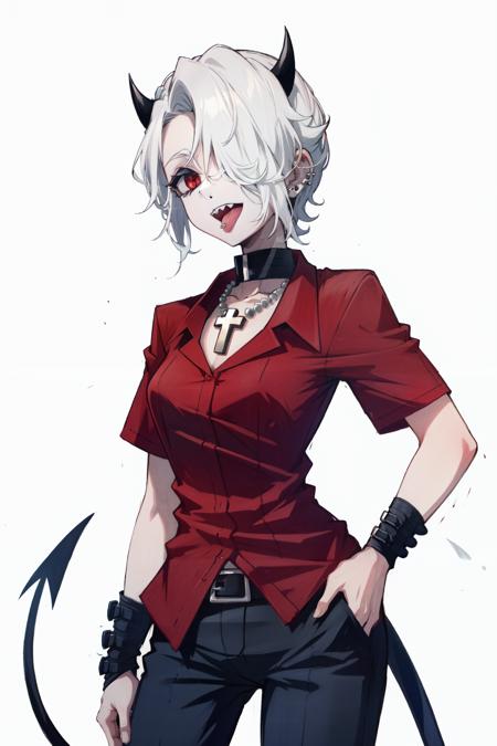 zdrada(helltaker), solo, short hair, demon girl, black horns,  1girl, demon horns, red eyes, white background, ,white hair, demon tail, tail, hair over one eye, horns, ear piercing, simple background , red shirt, collared shirt, cross necklace, cross, choker, black pants, sharp teeth, tongue out, tongue, long tongue, tongue piercing, <lora:zdrada:1>