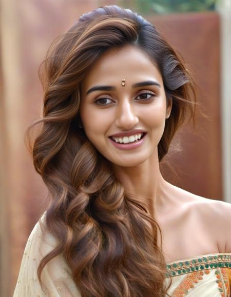 hires photo of Disha Patani woman studio quality, laughing, looking straight at viewer, traditional indian dress, flowing hair, outdoors, realistic skin texture <lora:Disha_Patani_SDXL_LoRA:1>