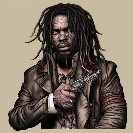 a picture of a man with dreadlocks and a jacket on holding a gun in his hand and looking at something, art by flonixsdviewv3