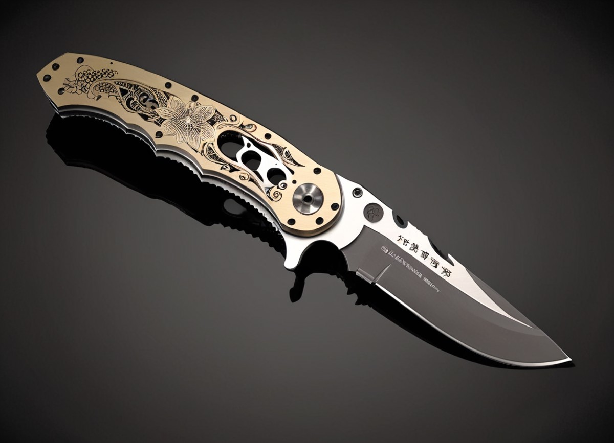 Typographic art folding knife tactical knife engraved blade, octane render, Grouchy Tang Dynasty knife, Magical details, M...