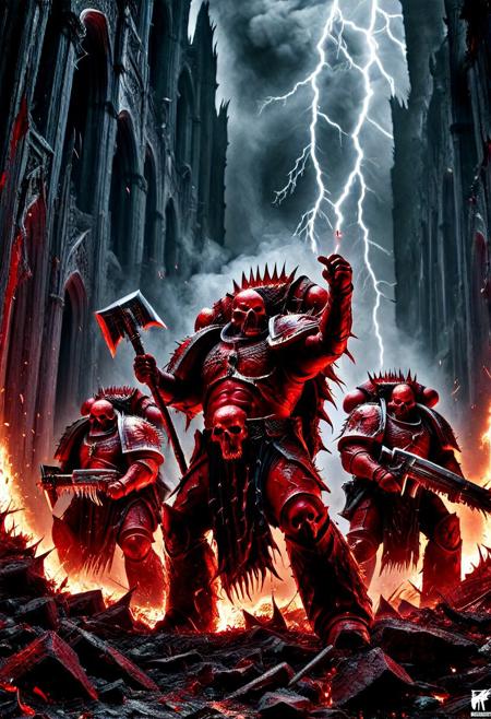 A squad of Chaos Space Marines from the Blood Legion of Khorne, drawn from the World Eaters Traitor Legion, standing together in a brutal battlefield scene. Each marine wears jagged, blood-red power armor forged from bloodsteel, with glowing brass trim and Chaos symbols etched into the plating. Their helmets are horned or skull-faced, some holding chainaxes dripping with gore, others carrying daemon-infused bolters or massive hellblades. Spikes, skull trophies, and runic etchings cover their armor. The warriors are posed in aggressive stances, surrounded by fire, smoke, and the ruins of a shattered cathedral. Lightning flashes in the sky, casting dramatic shadows across their brutalist forms. Behind them, a towering Bloodletter daemon howls in fury. Cinematic group composition, ultra-realistic textures, 8K concept art, grimdark atmosphere, “Blood for the Blood God!”