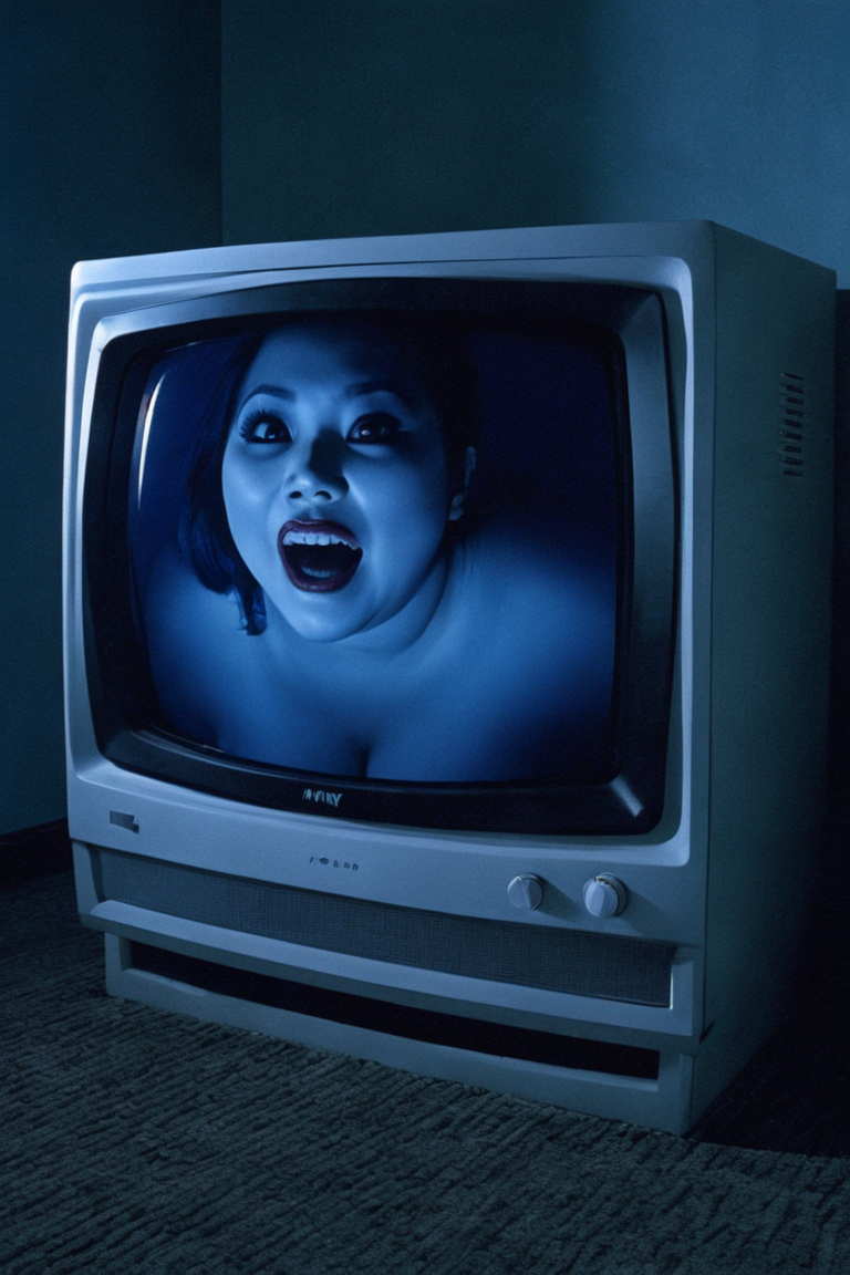asian horror, dimly lit room, ghost crawling out of static CRT television, in large bedroom, big tits, sexy, chubby, smili...
