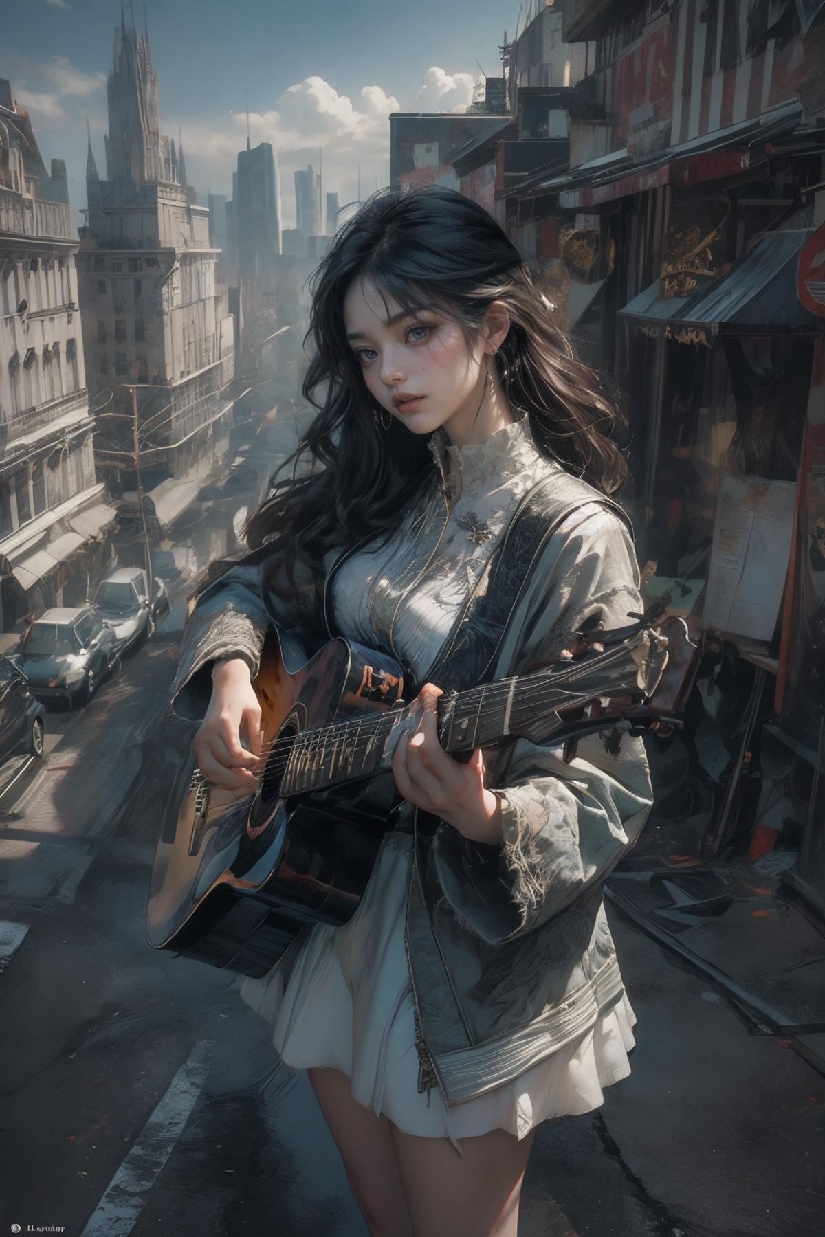 An Asian woman holding a guitar in an artistic scene.
