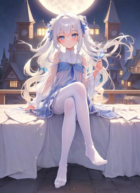 1girl,starry sky, (white shiny (transparency:1.3) crotchless pantyhose), moon, picturesque and aesthetic style,blurry foreground,sparkle,White hair,Blue eyes,no shoe,crossed_legs,