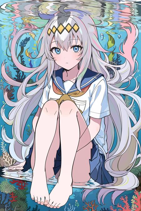 1girl, liquid hair, solo, skirt, oguri cap \(umamusume\), long hair, barefoot, school uniform, serafuku, bubble, black skirt, shirt, white shirt, black sailor collar, underwater, short sleeves, ribbon, sailor collar, multicolored background, floating hair, (seaweed), air bubble, sitting, (coral reef), reflection