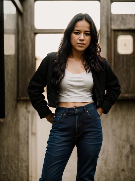 Realistic photo of a beautiful m1ch3ll3r-v2 woman, 1girl, solo, long hair, looking at viewer, shirt, black hair, jacket, pants, lips, denim, jeans, realistic, hands in pockets, soft lighting, professional Photography, Photorealistic, detailed, RAW, analog, sharp focus, 8k, HD, DSLR, high quality, Fujifilm XT3, film grain, award winning, masterpiece<lora:m1ch3ll3r-v2:1.0><lora:m1ch3ll3r-v2:1.0><lora:m1ch3ll3r-v2:1.0>