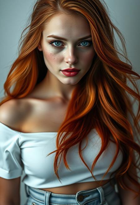 A cinematic portrait of a captivating 25-year-old woman, her fair skin adorned with freckles. Her piercing blue eyes, framed by a cascade of long, flowing fiery red hair styled in sleek, confident waves, exude a sense of commanding allure. A soft, ethereal light illuminates her delicate features, enhancing the natural beauty of her carefully applied makeup: a smoky eye to accentuate her gaze, a contour to define her cheekbones, and a matte red lipstick to empower her lips. She wears a simple yet alluring outfit: a white, off-the-shoulder crop top that draws attention to her graceful collarbones, paired with high-waisted, light-wash jeans that accentuate her figure. The photographer has masterfully captured a moment of timeless elegance, her gaze direct and confident. The image evokes a feeling of empowered femininity.