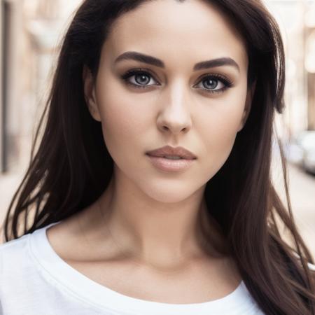 Picture, best quality, a woman in the city, photo of beautiful MB<lora:MB:1.0>, casual, half body, white t-shirt looking at viewer, perfect face, perfect eyes, sharp focus, Intricate, High Detail, dramatic, photorealistic,