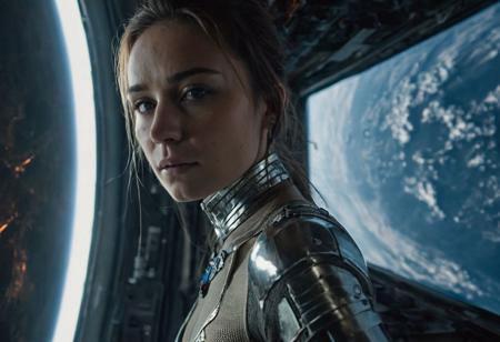 cinematic, photograph, extreme close-up on face, portrait of a sexy, sassy, 24yo girl, alluring, pretty, thin, toned perfect body, wearing form-fitting intricate bodysuit, jewelry, and metallic boots, looking out a huge portal window, in a gritty space station with an epic view of planet terrain and thin clouds,  dynamic lighting, interesting composition, atmospheric, realistic, 8k, photograph,sunlight, (best quality:1.5), focus on face, high pov
