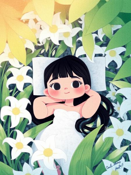 A whimsical illustration of a petite, young Asian woman with fair skin, long black hair, and bangs. She has a delicate facial structure, with wide-open, closed eyes and a peaceful expression, and is wearing soft makeup with pink blush. She is lying amidst a cluster of white lilies with green leaves, creating a serene, nature-driven scene. Her clothing appears to be a white, sheer, floral-patterned dress. The composition captures a calm, almost ethereal atmosphere, with soft natural light filtered through the green leaves above her.